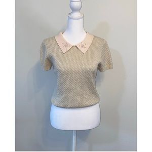 Pale Pink and Beige Shimmery Beaded Collared Shirt. Size Small.